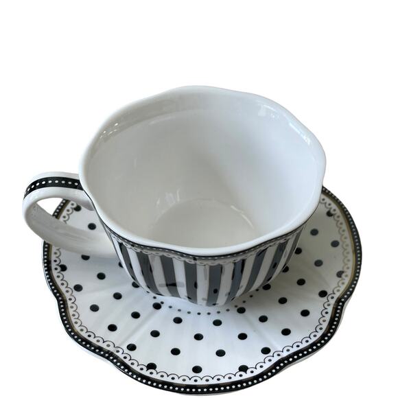 GRACE TEAWARE Black & White Striped Polka Dots Teacup and Saucer Set of 2 New - Picture 10 of 16